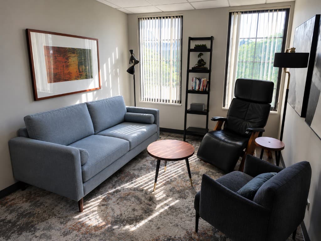 A calm, sunlit Wellbound Counseling therapy room with comfortable seating and natural light